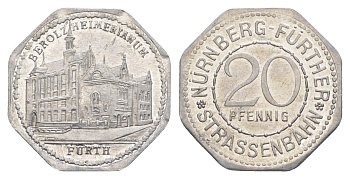 Нюрнберг трамвайный (транспортный) жетон в 20 пфеннигов ND (1920-1921) Театр комедии Men05 19256.4, Men18 24102.4 алюминий UNC 4638-236