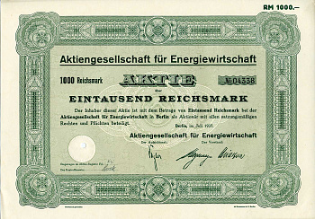 Германия 1000 рейхсмарок 1937 АО Энергетики, поставщик электроэнергии, Берлин, акция   бумага   8803-144-1