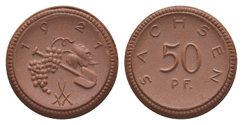 Саксония 50 пфеннигов 1921 Men05 22281.9, Men18 27868.9, Scheuch 34a фарфор 08-1137