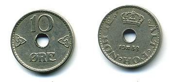 НОРВЕГИЯ 10 ЭРЕ 1938 KM 383 медно-никель 04-1046
