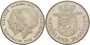 Нидерланды 2 1/2 гульдена 1980 коронация Беатрикс, 30 апреля 1980 KM 201 никель 38-136