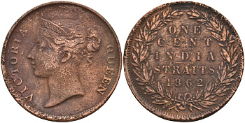 Стрейтс-Сетлментс 1 цент 1862 Виктория (1837-1901), Ост-Индская компания KM 6 медь 4590-236