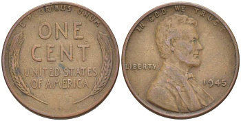 США 1 ЦЕНТ 1945 ЛИНКОЛЬН KM А132 медь цинк 218-214