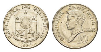 Филиппины 10 сентимо 1967 KM 198 медно-никель UNC 4636-334