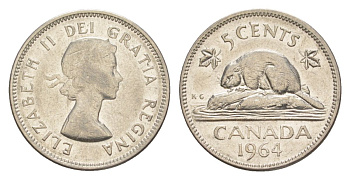 Канада 5 центов 1964 Елизавета II (1952-2022), бобр KM 57 никель 4630-711