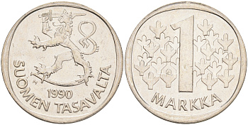 ФИНЛЯНДИЯ 1 МАРКА 1990 M KM 49а медно-никель UNC 4556-841