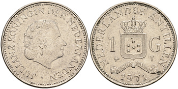 Нидерландские Антилы 1 ГУЛЬДЕН 1971 Юлиана (1948-1980) KM 12 никель 4565-814