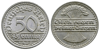 ГЕРМАНИЯ 50 ПФЕННИГОВ 1922 A KM 27, J. 301, Weege 10 алюминий 4380-854