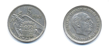 ИСПАНИЯ 5 ПЕСЕТ 1957 (73) ФРАНСИСКО ФРАНКО ДИКТАТОР ИСПАНИИ (1939-1975) KM 786 медно-никель 54-1541