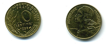 ФРАНЦИЯ 10 САНТИМОВ 1995 ТИП MARIANNE KM 929 медь алюминий никель 59-1134