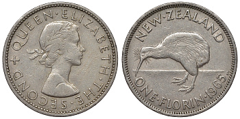 Новая Зеландия 1 флорин 1965 птичка киви, Елизавета II (1952- ) KM 28.2 медно-никель    4117-444