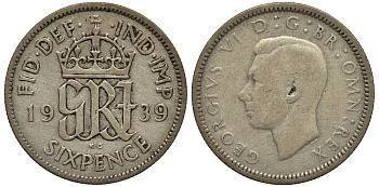 Великобритания 6 пенсов 1939 Георг VI (1936-1952) KM 852, Spink 4084 серебро 4538-434