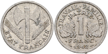 Франция 1 франк 1942 правительство Виши KM 902.1, Le Franc алюминий 4126-645