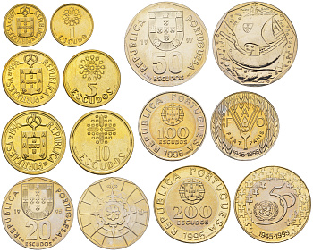 Португалия годовой набор из 7 монет (1, 5, 10, 20, 50, 100 и 200 эскудо) 1995 тираж 20.000 экземпляров, 50 лет продовольственной программе ФАО и ООН KM 631, 632, 633, 634, 636, 678 и 679 BU 4179-1322-1326
