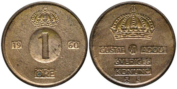 Швеция 1 эре 1960 TS, Густав VI Адольф (1950-1973) KM 820 бронза 201-1148