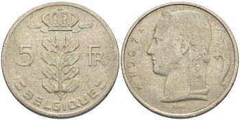 БЕЛЬГИЯ 5 ФРАНКОВ 1967 BELGIQUE, БОДУЭН I (1951-1993) KM 134.1 медно-никель 119-724
