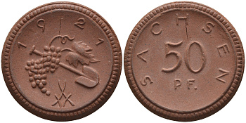 Саксония 50 пфеннигов 1921 виноград и лопата J. N 54 фарфор 1094-5-42