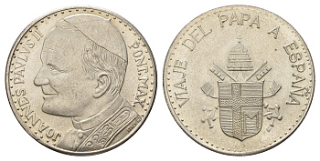 Ватикан медаль в честь визита в Испанию Папы Римского Иоанна Павла II в 1982 1982 Иоанн Павел II, диаметр 35 мм, вес 16,2 гр медно-никель плакированный серебро 4667-1233