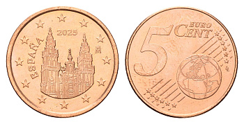 Испания 5 евроцентов 2025 тираж 2.500 экземпляров KM 1146 сталь плакированная медью BU 4174-964