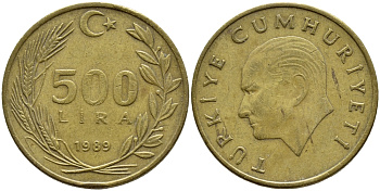Турция 500 лир 1989 Кемаль Ататюрк KM 989 алюминиевая бронза 4397-246