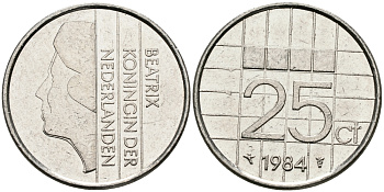 НИДЕРЛАНДЫ 25 ЦЕНТОВ 1984 БЕАТРИКС KM 204 никель 96-269