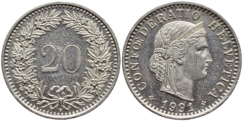ШВЕЙЦАРИЯ 20 РАППЕНОВ 1991 В KM 29а медно-никель 4397-442