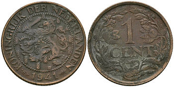 Нидерланды 1 цент 1941 Вильгельмина (1890-1948) KM 152 бронза 4576-1149