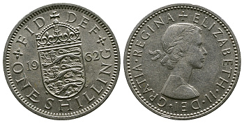 Великобритания 1 шиллинг 1962 Елизавета II (1952-2022), Английский герб KM 904, Spink 4147 медно-никель 4384-445