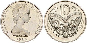 Новая Зеландия 10 центов 1984 Елизавета II (1952-2022), маска маори KM 41 медно-никель PROOF 3711-1513