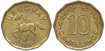 Уругвай 10 сентесимо 1981 KM 66 алюминиевая бронза 4169-543