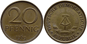 ГДР 20 пфеннигов 1969 А, первый год KM 11 латунь UNC 4398-153