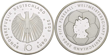 ФРГ 10 евро 2003 чемпионат мира по футболу 2006 года в Германии, первая монета KM 223, DE.S. 10.8 серебро PROOF 413-5631