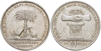 Германия медаль 1796 связаны дружбой с 8 марта 1696, 100 - летие союзу двенадцати в Бреслау, диаметр 35,5 мм., вес 14,85 гр. серебро 1084-4-14