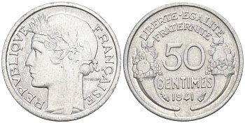 ФРАНЦИЯ 50 САНТИМОВ 1941 ТИП MORLON LOURDE KM 894.1a, LE FRANC 193.2 алюминий 44-322