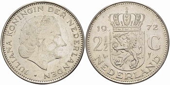 Нидерланды 2 1/2 гульдена 1972 Юлиана (1948-1980) KM 191 никель 38-624