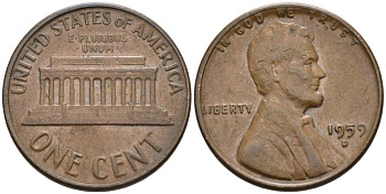 США 1 цент 1959 D, Авраам Линкольн KM 201 медь цинк 4564-329