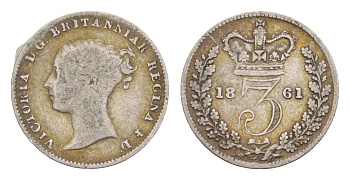 Великобритания 3 пенса 1861 Виктория (1837-1901) KM 730, Spink 3914 серебро 1531-1233