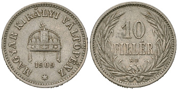 Венгрия 10 филлеров 1909 KM 482 никель 4615-533