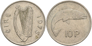 Ирландия 10 пенсов 1975 лосось KM 23 медно-никель 4144-1022