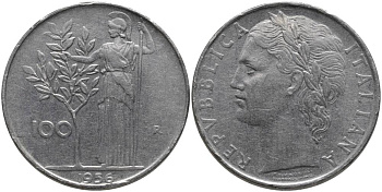 ИТАЛИЯ 100 ЛИР 1956 R, АФИНА KM 96.1 нержавеющая сталь 32-243