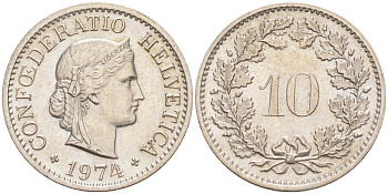 Швейцария 10 раппенов 1974 KM 27 медно-никель 212-1035