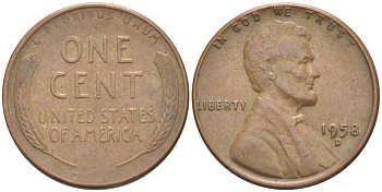 США 1 ЦЕНТ 1958 D, ЛИНКОЛЬН KM А132 медь цинк 218-732