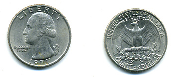 США 25 центов (квотер) 1977 Вашингтон KM A164a медь плакированная медно-никелем UNC 59-1525