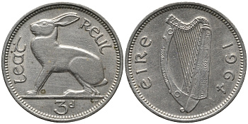 Ирландия 3 пенса 1964 заяц KM 12a медно-никель 4387-1043