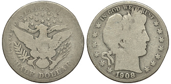 США 1/2 доллара (50 центов) 1908 S, барбер, Barber KM 116 серебро 413-142