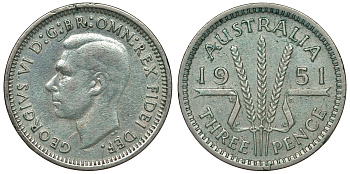 Австралия 3 пенса 1951 PL, Георг VI (1937-1952) KM 44 серебро 71-341