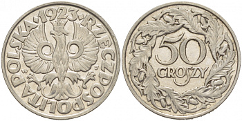Польша 50 грошей 1923 Республика KM 13, Parchimowicz 106 никель 77-956