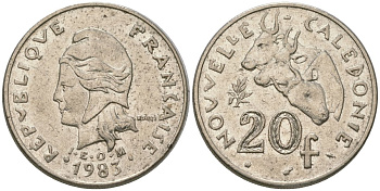 Французская Новая Каледония 20 франков 1983 три быка, (IEOM) KM 12, Schoen 14, Lec 111 никель 4120-745