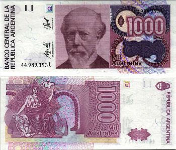 АРГЕНТИНА 1000 АУСТРАЛЕЙ 1990 СЕРИЯ C 44989, ПРЕЗИДЕНТ АРГЕНТИНЫ ХУЛИО РОКА Pick 329d, Bottero 2862 бумага UNC (ПРЕСС) 6352-12-3-1