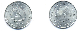 ГДР 20 марок 1972 А, Вильгельм Пик (1876-1960) KM 42 медно-никель 3333-333